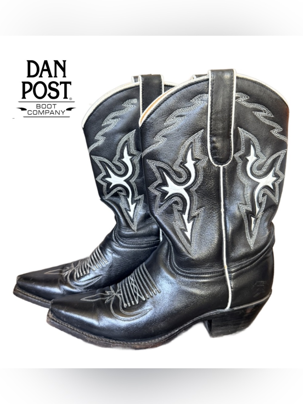 Dan Post Black Leather Western Boots with White Stitching